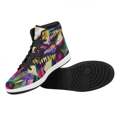 Colorful Tyrannosaurus Rex Print High Top Leather Sneakers