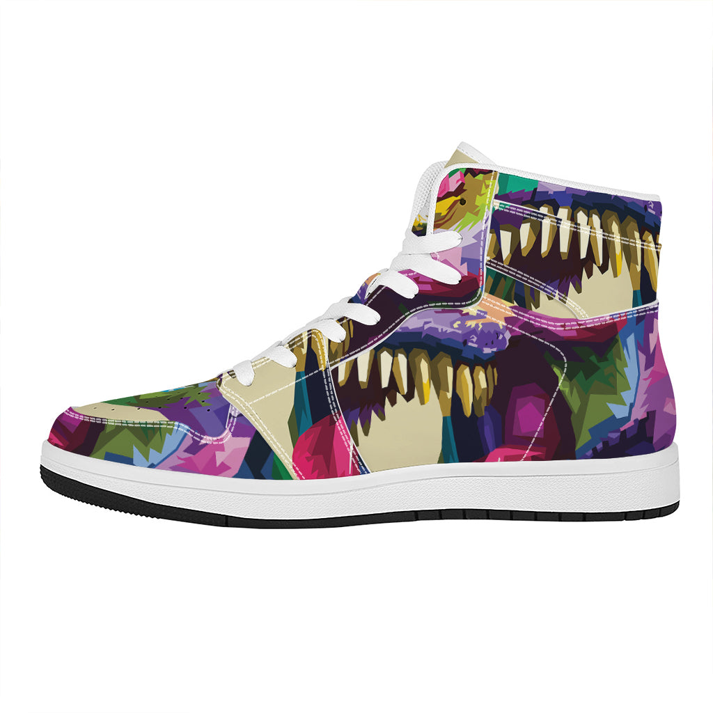 Colorful Tyrannosaurus Rex Print High Top Leather Sneakers
