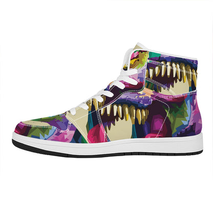 Colorful Tyrannosaurus Rex Print High Top Leather Sneakers