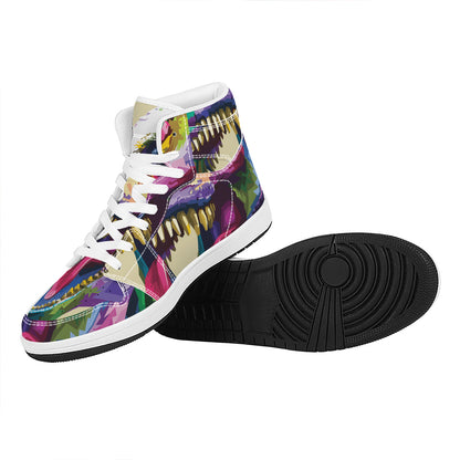 Colorful Tyrannosaurus Rex Print High Top Leather Sneakers