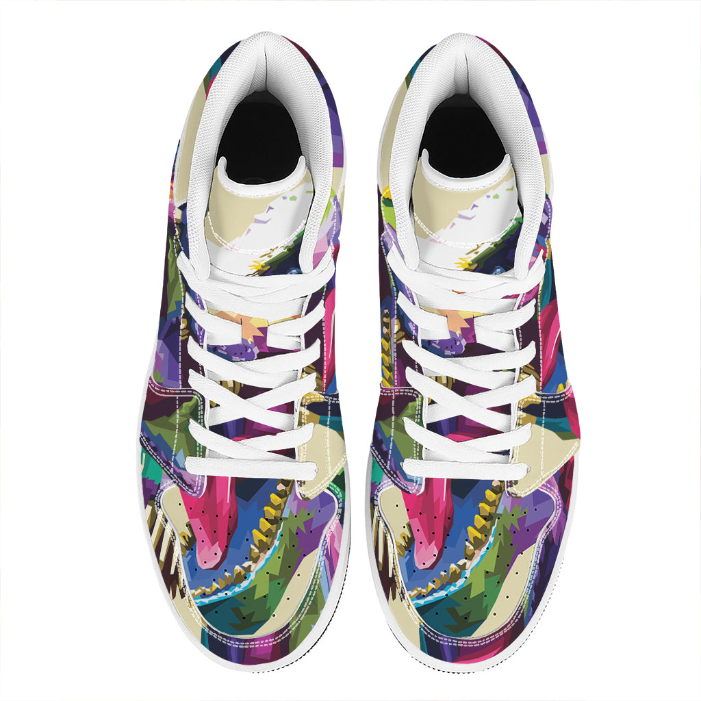 Colorful Tyrannosaurus Rex Print High Top Leather Sneakers
