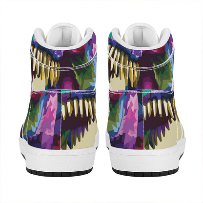 Colorful Tyrannosaurus Rex Print High Top Leather Sneakers
