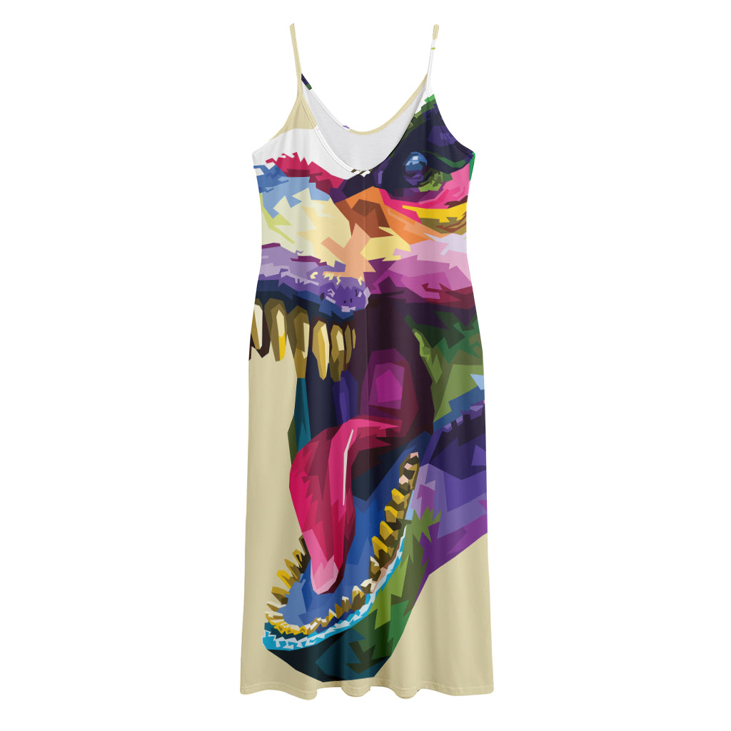 Colorful Tyrannosaurus Rex Print Jersey Midi Cami Dress