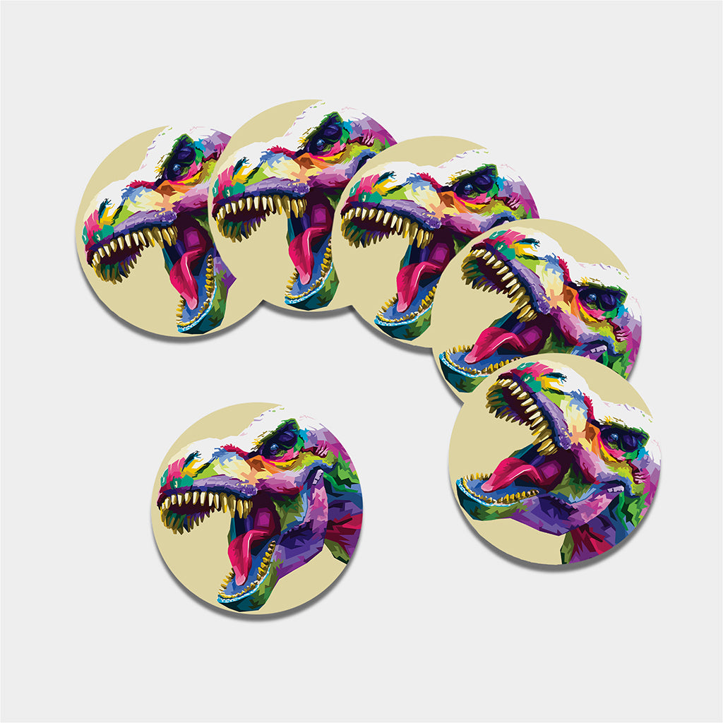 Colorful Tyrannosaurus Rex Print Leather Coaster Set