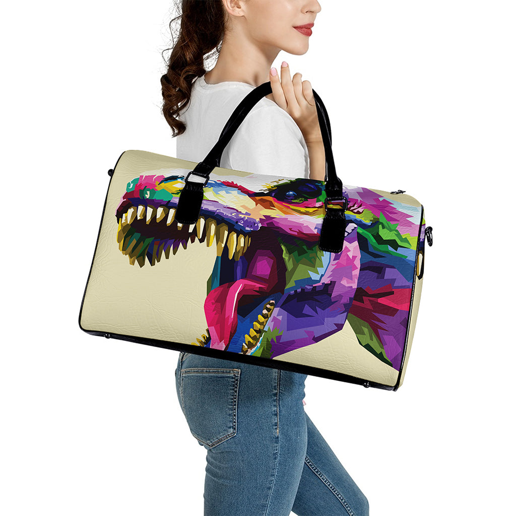 Colorful Tyrannosaurus Rex Print Leather Duffle Bag