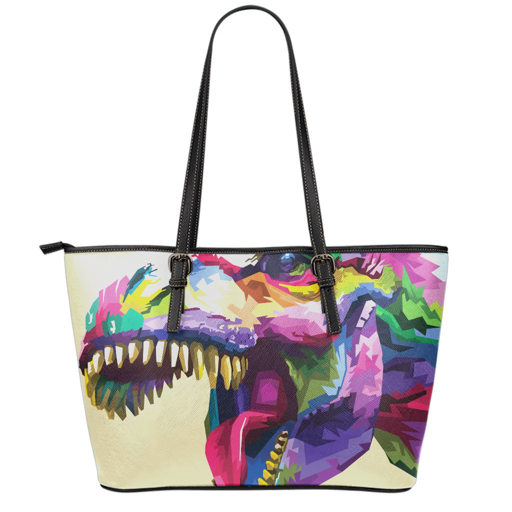 Colorful Tyrannosaurus Rex Print Leather Tote Bag