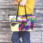 Colorful Tyrannosaurus Rex Print Leather Tote Bag