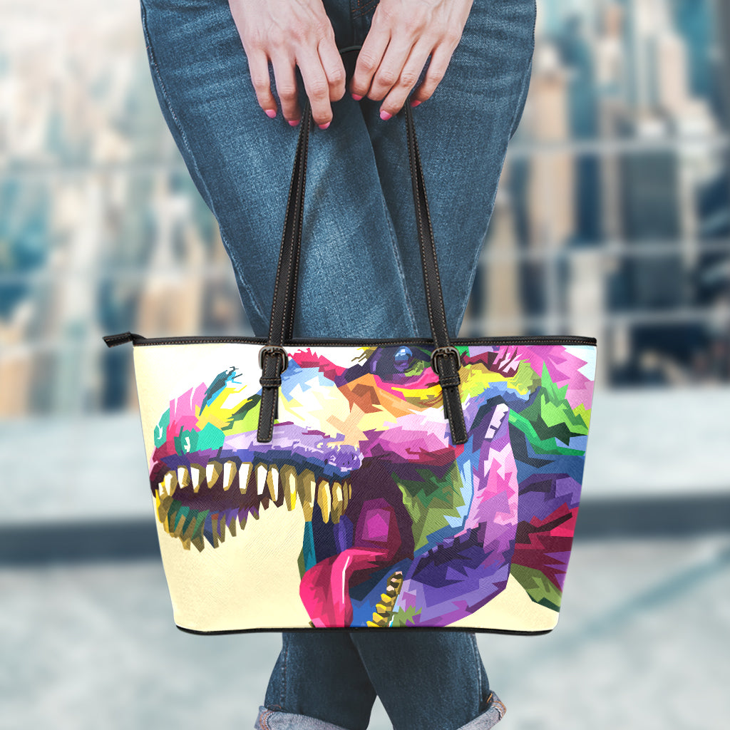 Colorful Tyrannosaurus Rex Print Leather Tote Bag