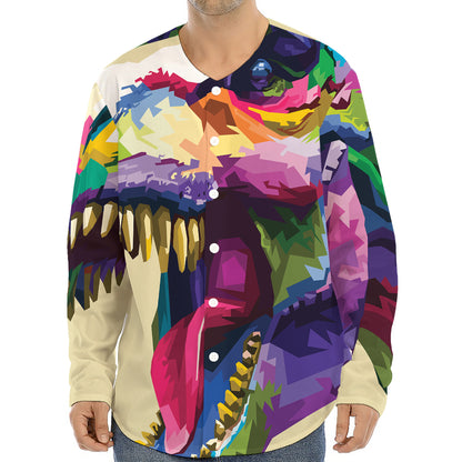 Colorful Tyrannosaurus Rex Print Long Sleeve Baseball Jersey