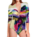 Colorful Tyrannosaurus Rex Print Long Sleeve Swimsuit