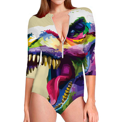Colorful Tyrannosaurus Rex Print Long Sleeve Swimsuit