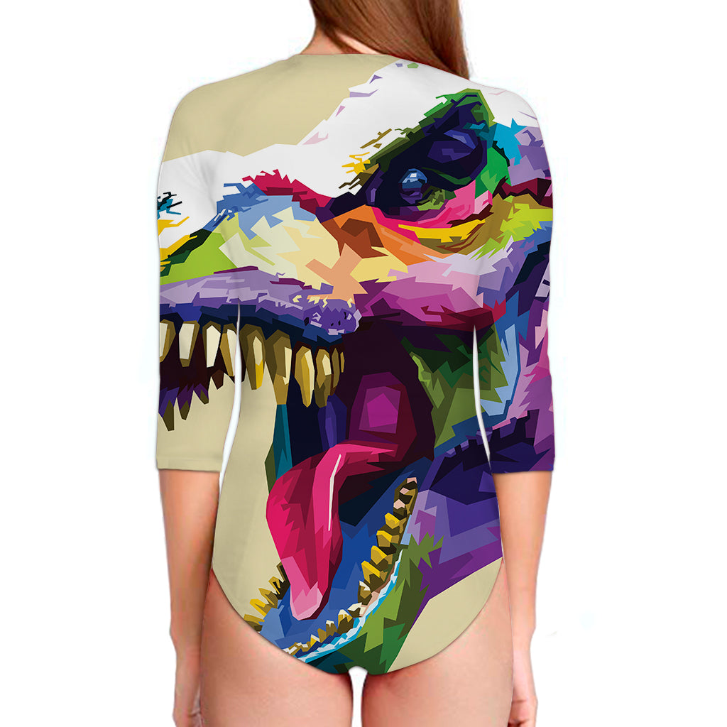 Colorful Tyrannosaurus Rex Print Long Sleeve Swimsuit