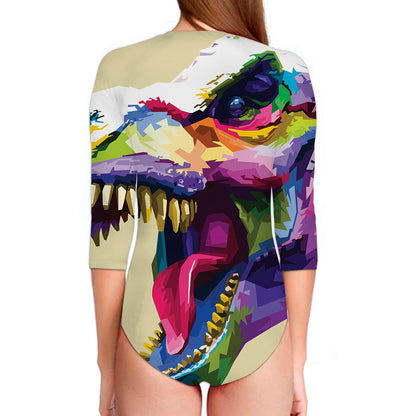 Colorful Tyrannosaurus Rex Print Long Sleeve Swimsuit
