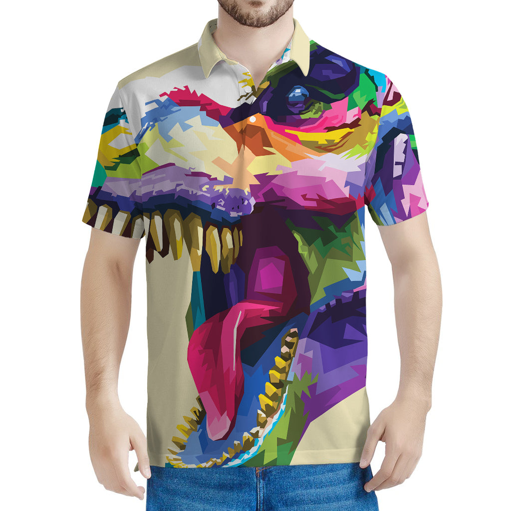 Colorful Tyrannosaurus Rex Print Men's Polo Shirt
