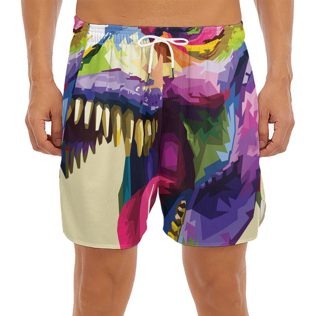 Colorful Tyrannosaurus Rex Print Men's Split Running Shorts