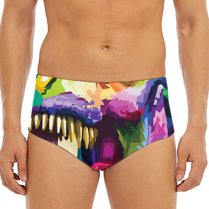 Colorful Tyrannosaurus Rex Print Men's Triangle Swim Briefs
