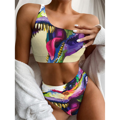 Colorful Tyrannosaurus Rex Print One Shoulder Bikini Top