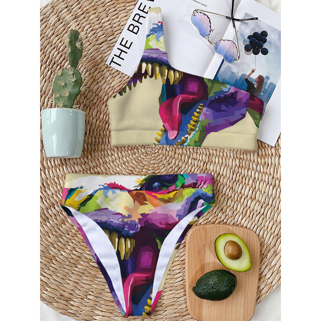 Colorful Tyrannosaurus Rex Print One Shoulder Bikini Top