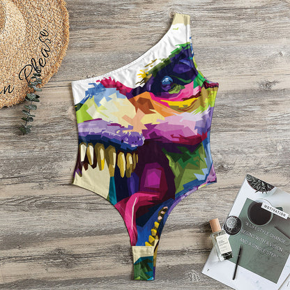 Colorful Tyrannosaurus Rex Print One Shoulder Bodysuit