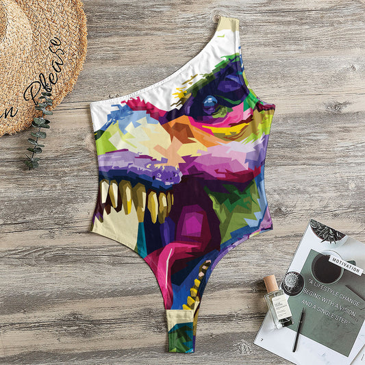 Colorful Tyrannosaurus Rex Print One Shoulder Bodysuit