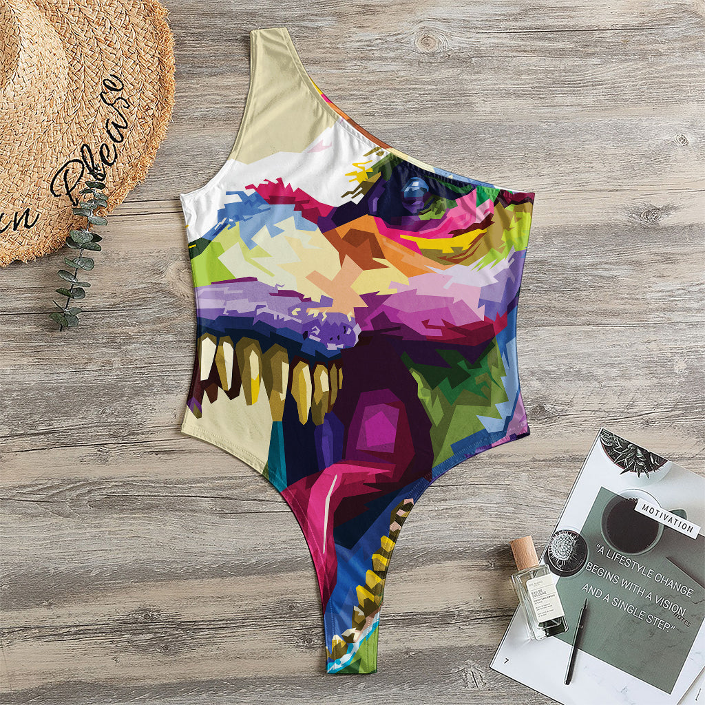 Colorful Tyrannosaurus Rex Print One Shoulder Bodysuit
