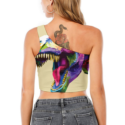 Colorful Tyrannosaurus Rex Print One Shoulder Crop Top