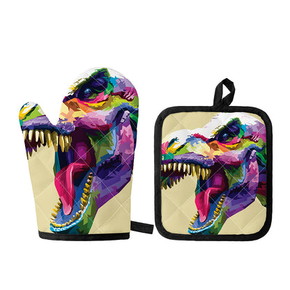 Colorful Tyrannosaurus Rex Print Oven Mitt And Pot Holder Set