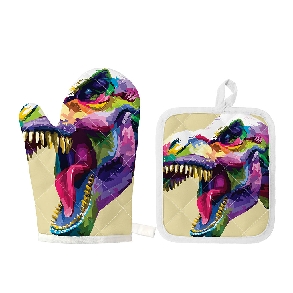 Colorful Tyrannosaurus Rex Print Oven Mitt And Pot Holder Set