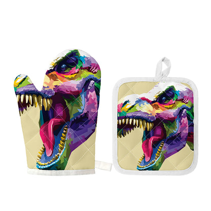 Colorful Tyrannosaurus Rex Print Oven Mitt And Pot Holder Set