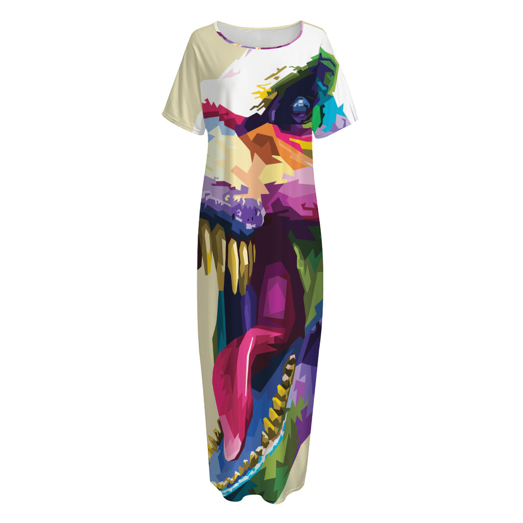 Colorful Tyrannosaurus Rex Print Short Sleeve Long Nightdress