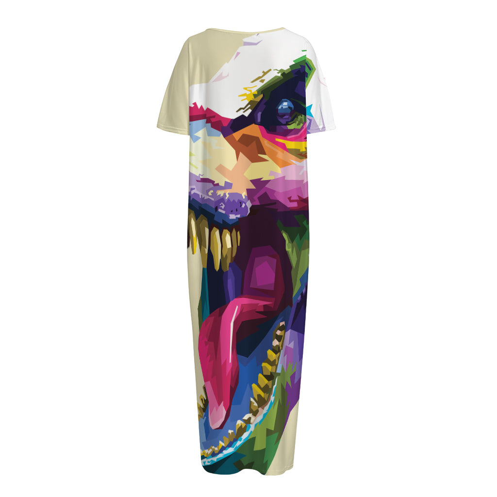 Colorful Tyrannosaurus Rex Print Short Sleeve Long Nightdress