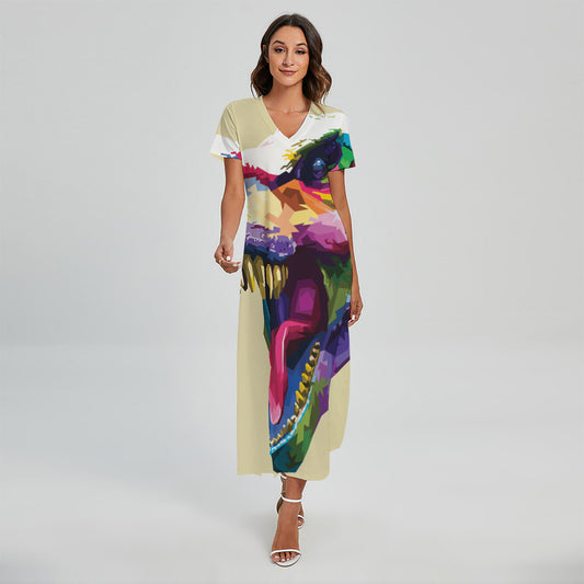 Colorful Tyrannosaurus Rex Print Short Sleeve Maxi Dress