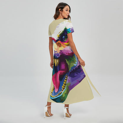 Colorful Tyrannosaurus Rex Print Short Sleeve Maxi Dress