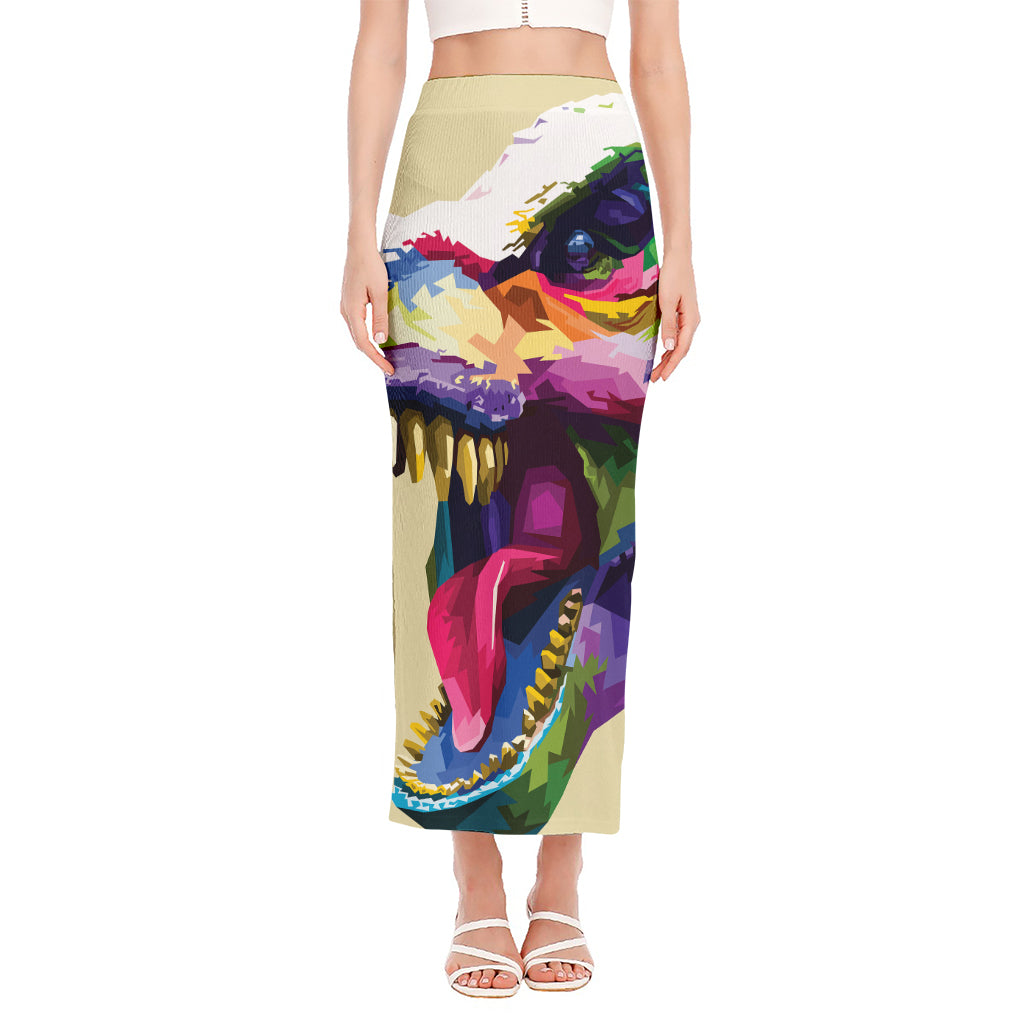 Colorful Tyrannosaurus Rex Print Side Slit Maxi Skirt