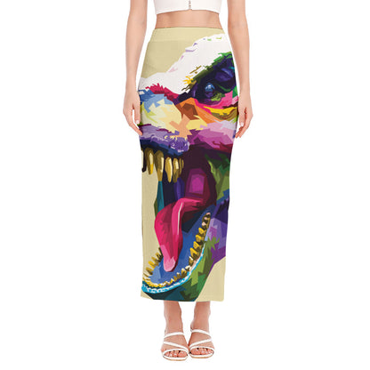 Colorful Tyrannosaurus Rex Print Side Slit Maxi Skirt
