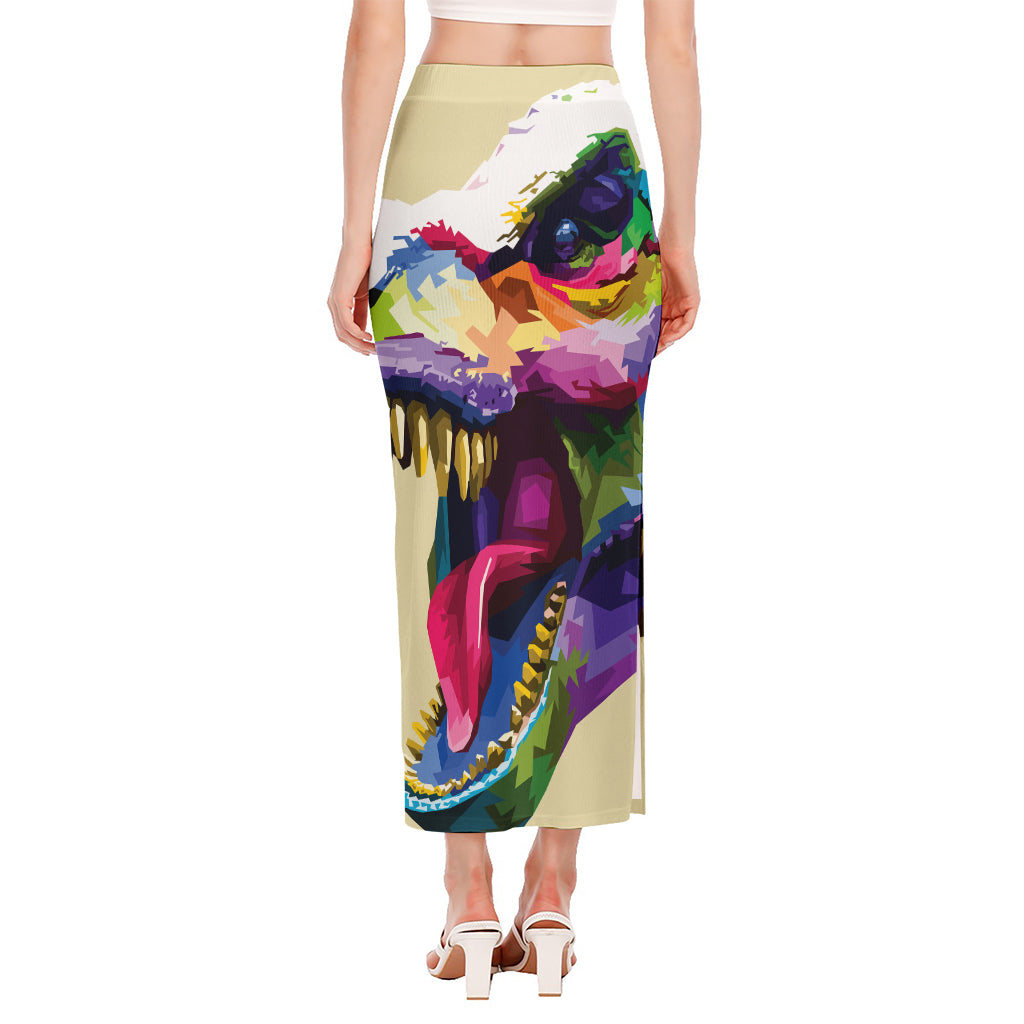 Colorful Tyrannosaurus Rex Print Side Slit Maxi Skirt