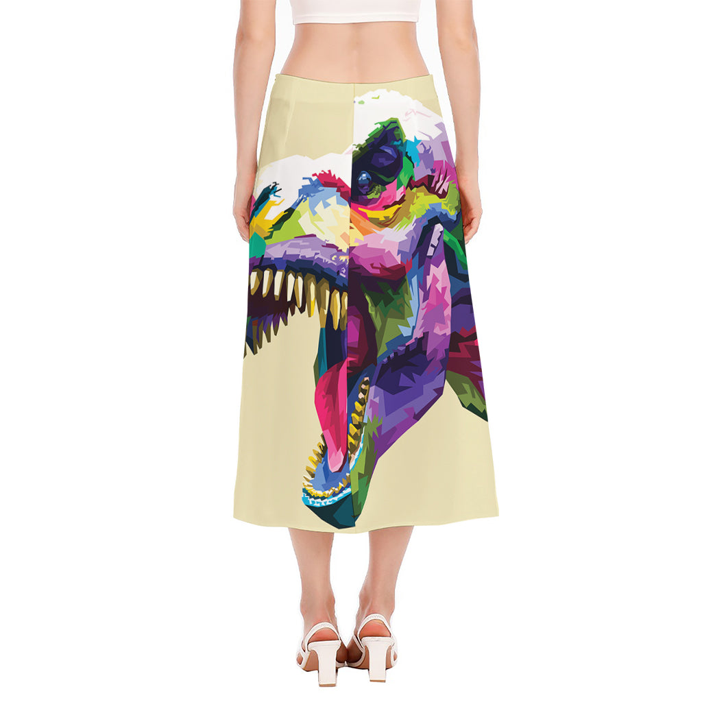 Colorful Tyrannosaurus Rex Print Side Slit Midi Skirt