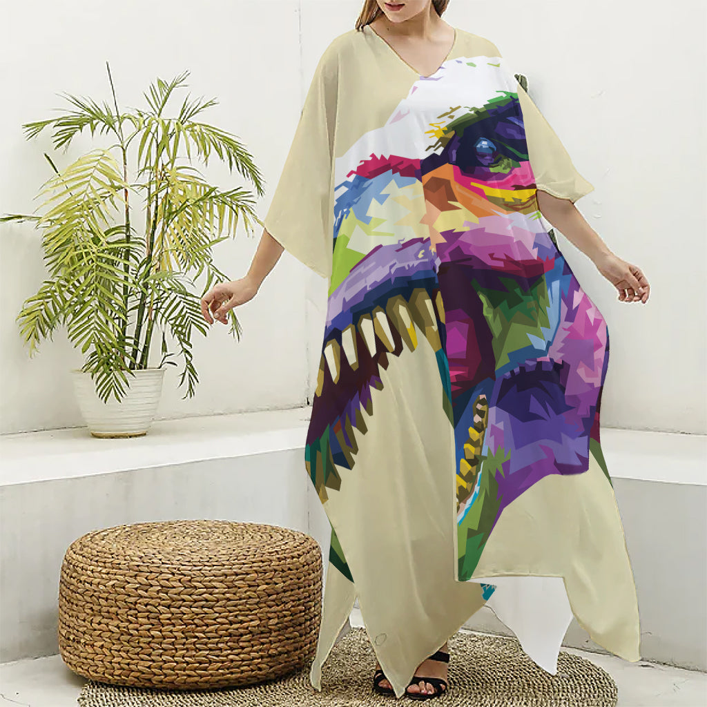 Colorful Tyrannosaurus Rex Print Silk V-Neck Kaftan Dress