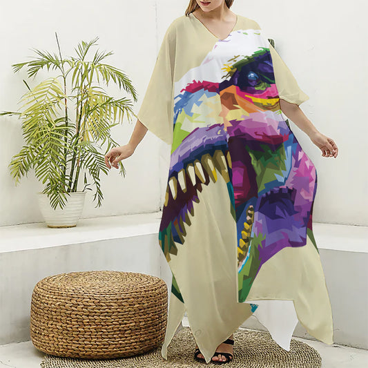 Colorful Tyrannosaurus Rex Print Silk V-Neck Kaftan Dress