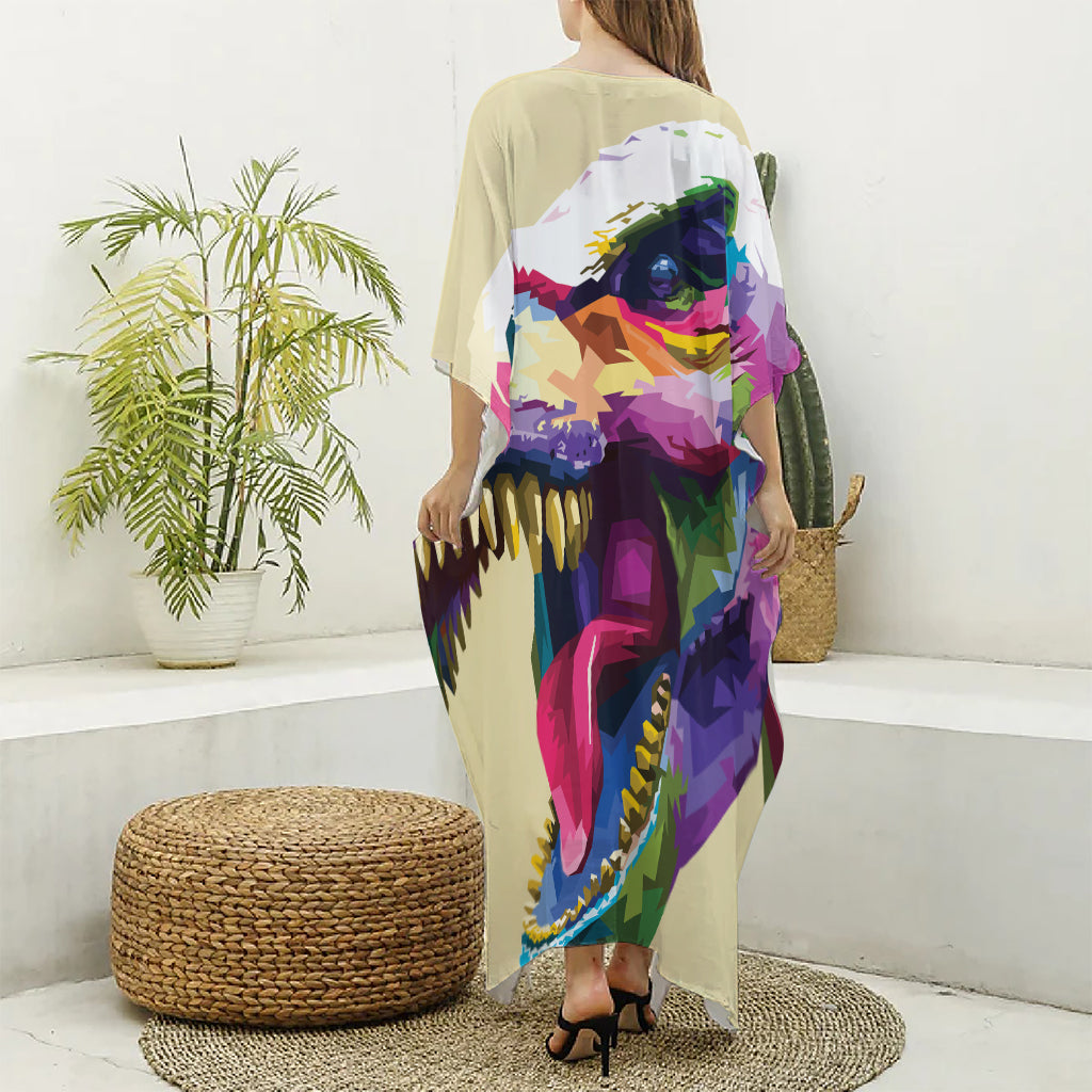 Colorful Tyrannosaurus Rex Print Silk V-Neck Kaftan Dress