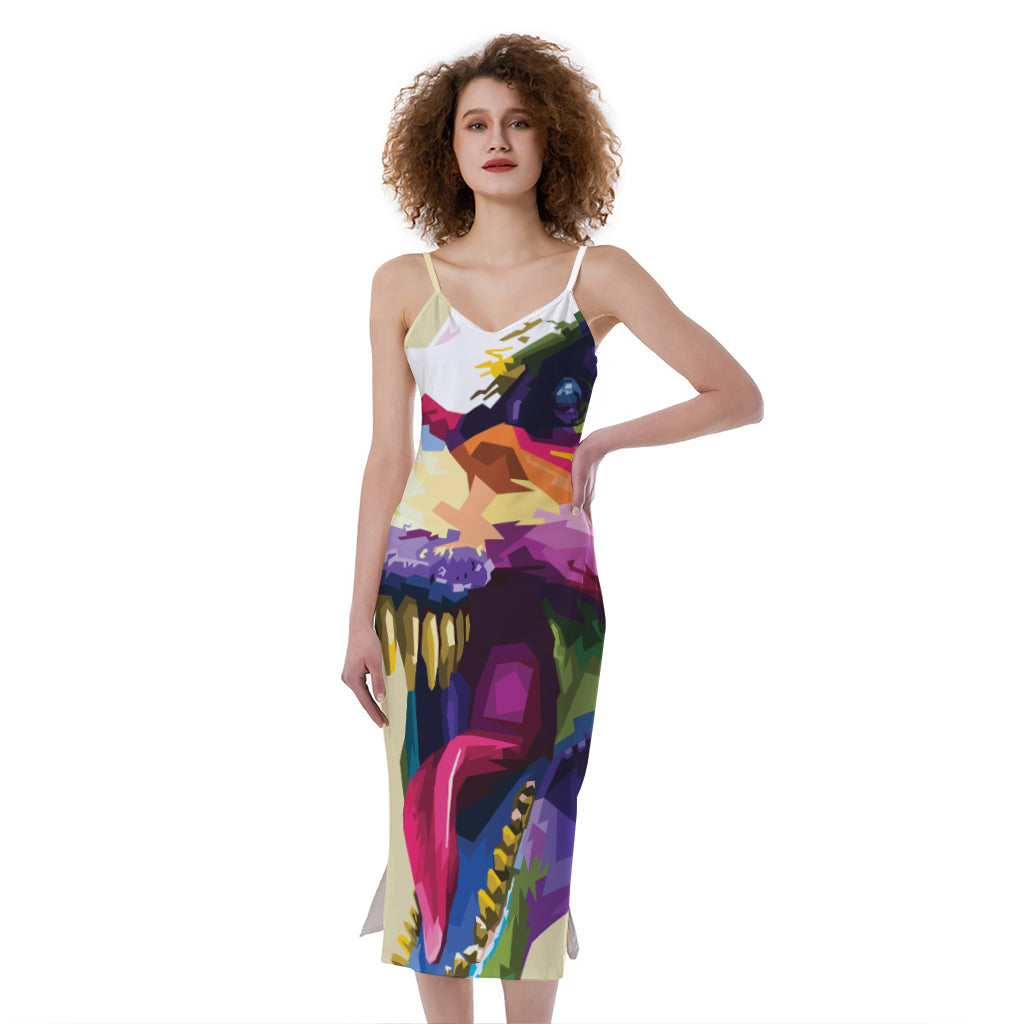 Colorful Tyrannosaurus Rex Print Slim Fit Midi Cami Dress