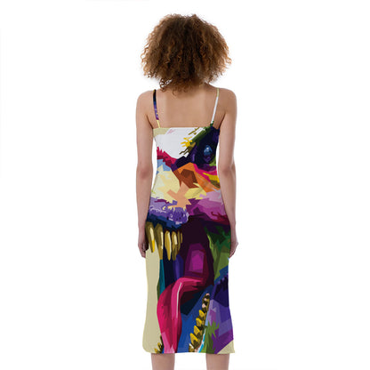 Colorful Tyrannosaurus Rex Print Slim Fit Midi Cami Dress