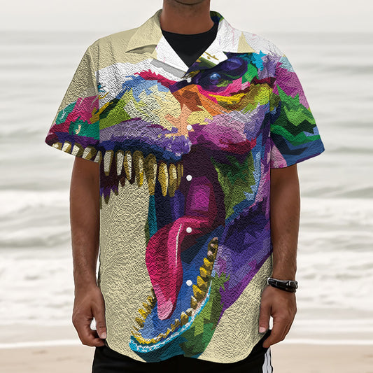 Colorful Tyrannosaurus Rex Print Textured Short Sleeve Shirt