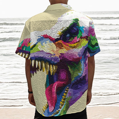 Colorful Tyrannosaurus Rex Print Textured Short Sleeve Shirt
