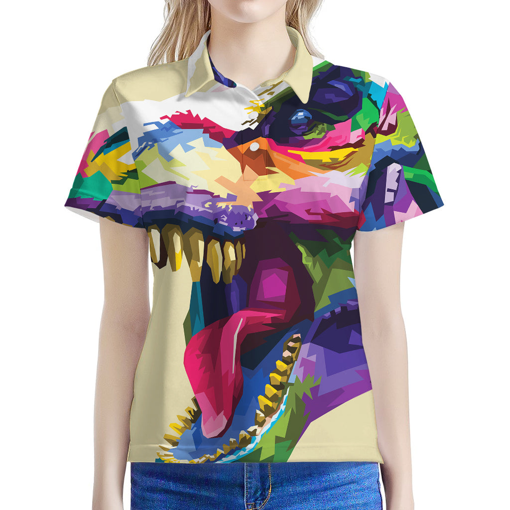 Colorful Tyrannosaurus Rex Print Women's Polo Shirt