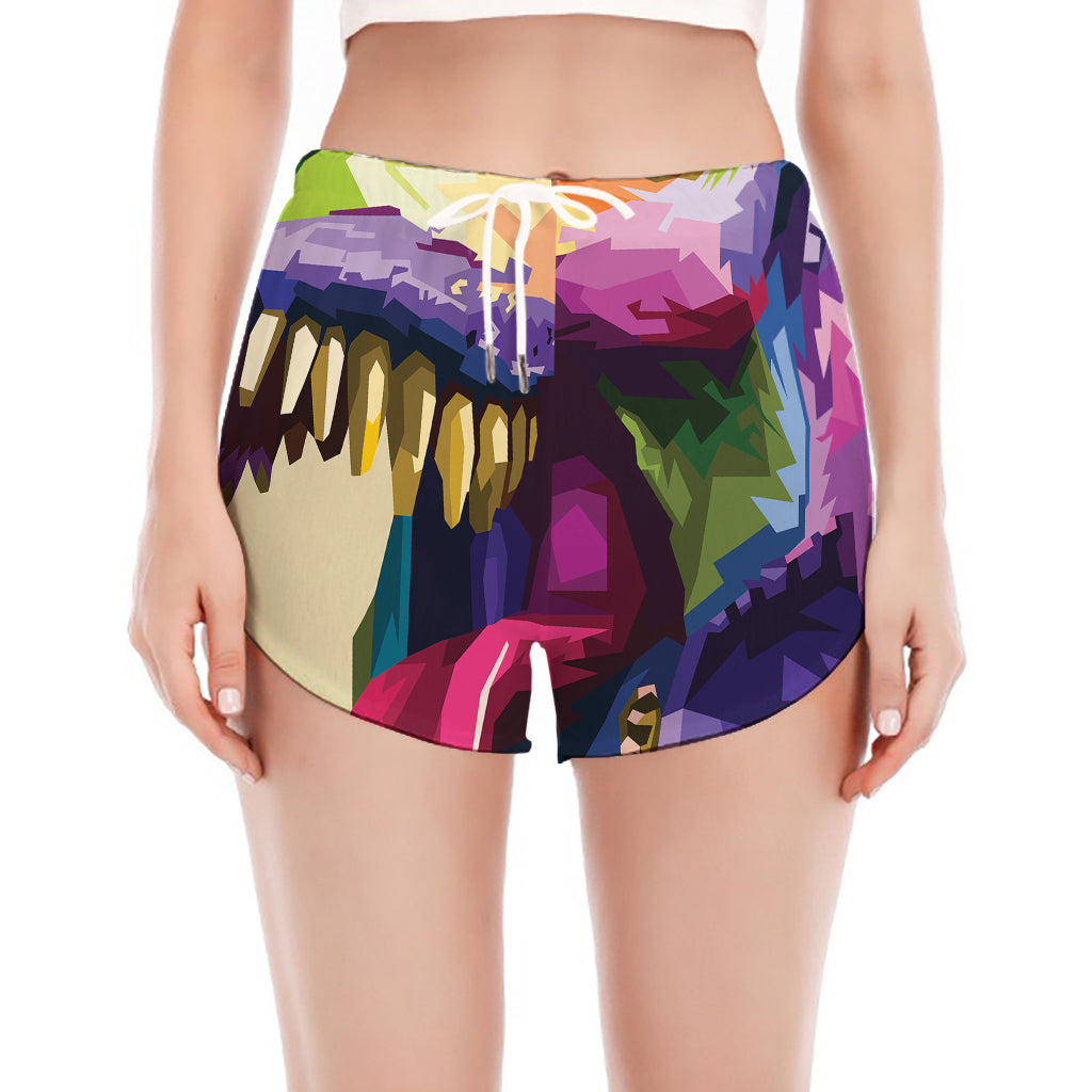Colorful Tyrannosaurus Rex Print Women's Split Running Shorts