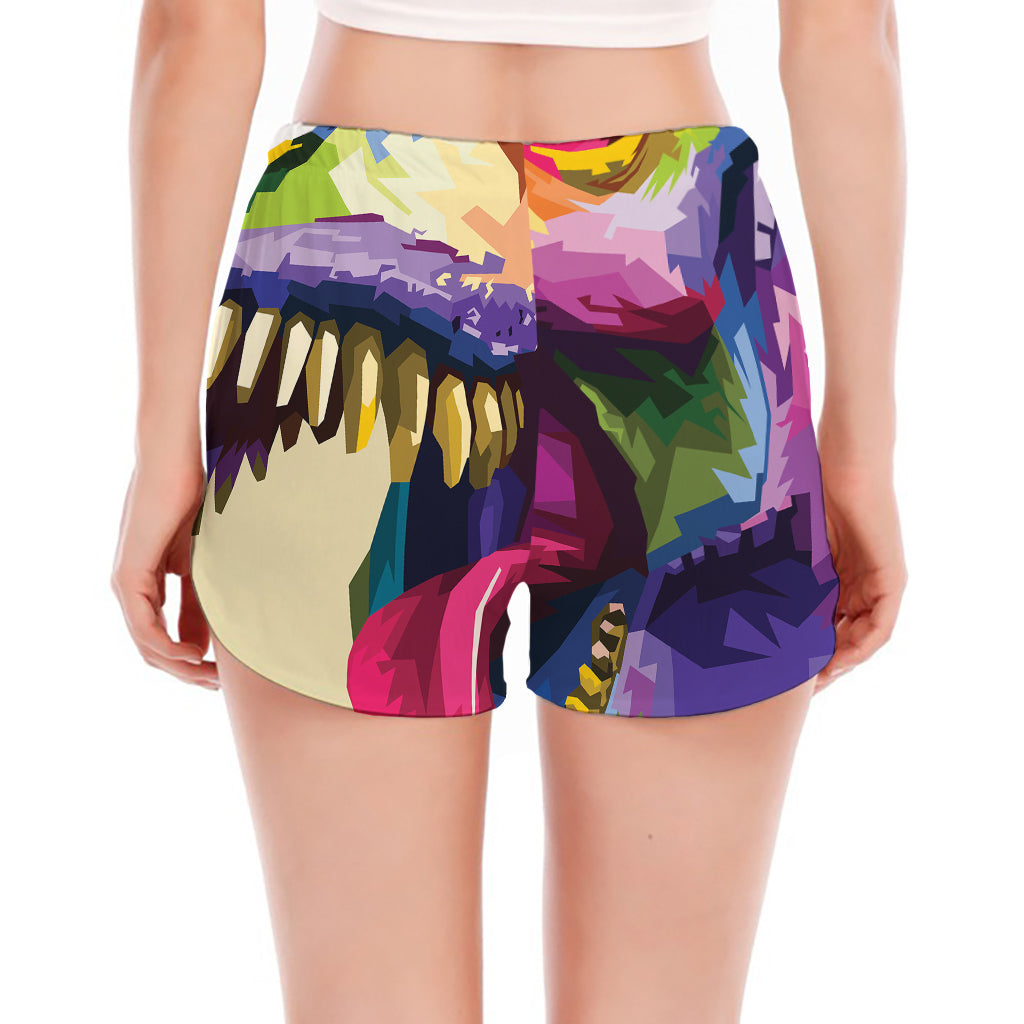 Colorful Tyrannosaurus Rex Print Women's Split Running Shorts