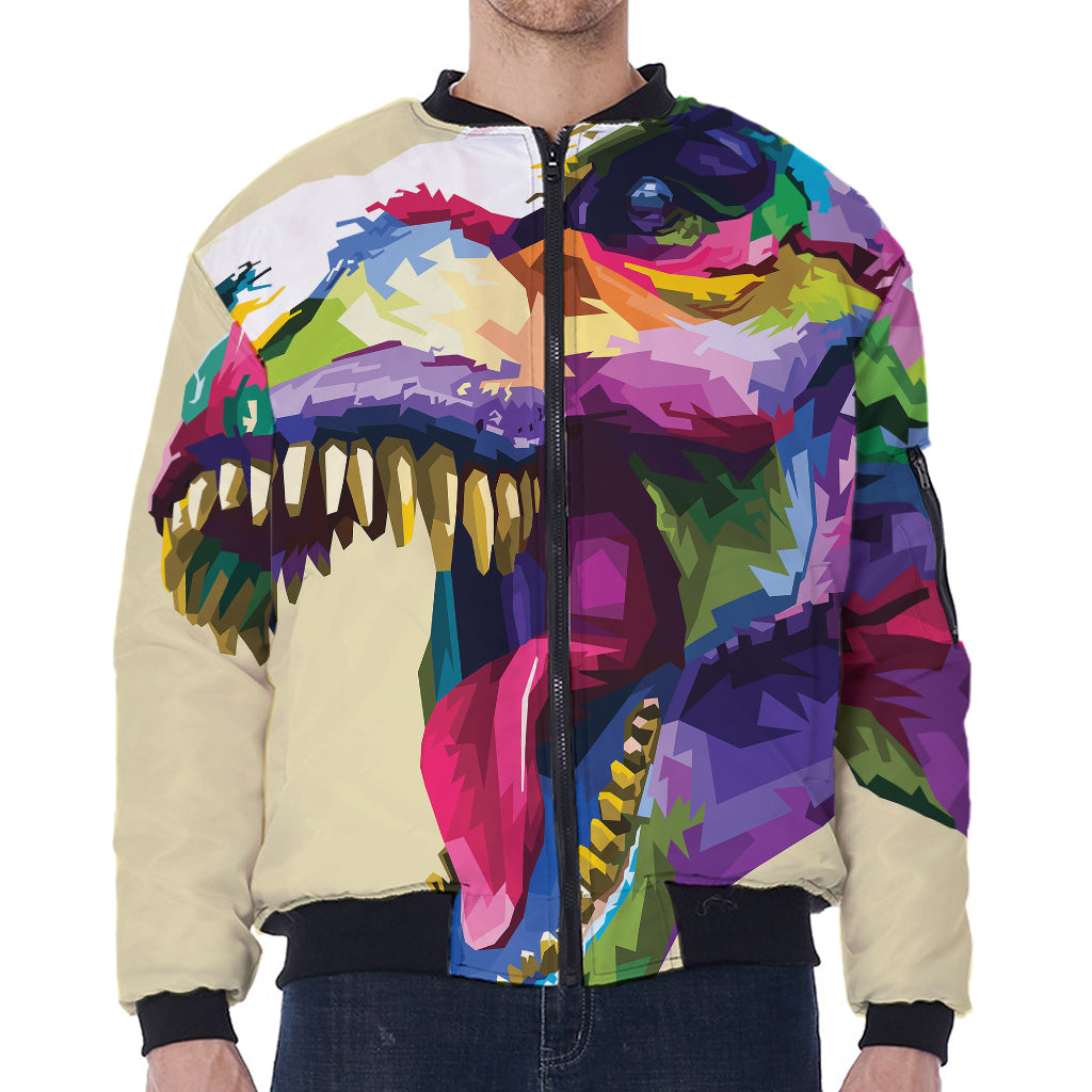 Colorful Tyrannosaurus Rex Print Zip Sleeve Bomber Jacket
