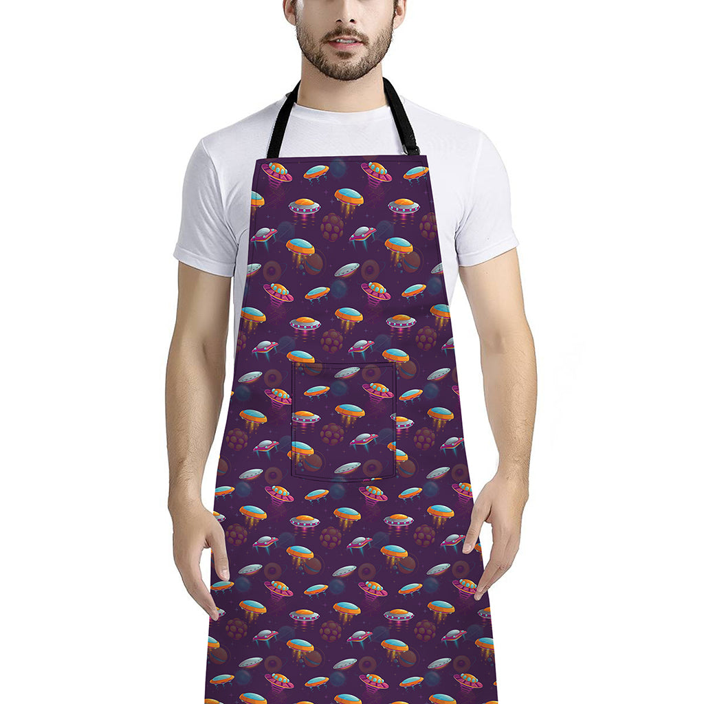 Colorful UFO Pattern Print Bib Apron With Pocket