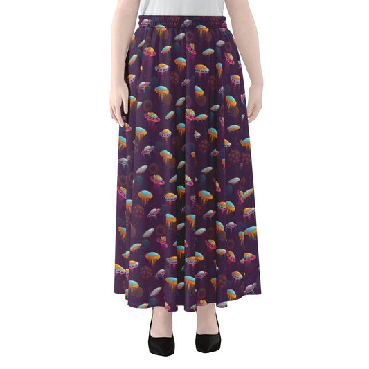 Colorful UFO Pattern Print Chiffon Maxi Skirt